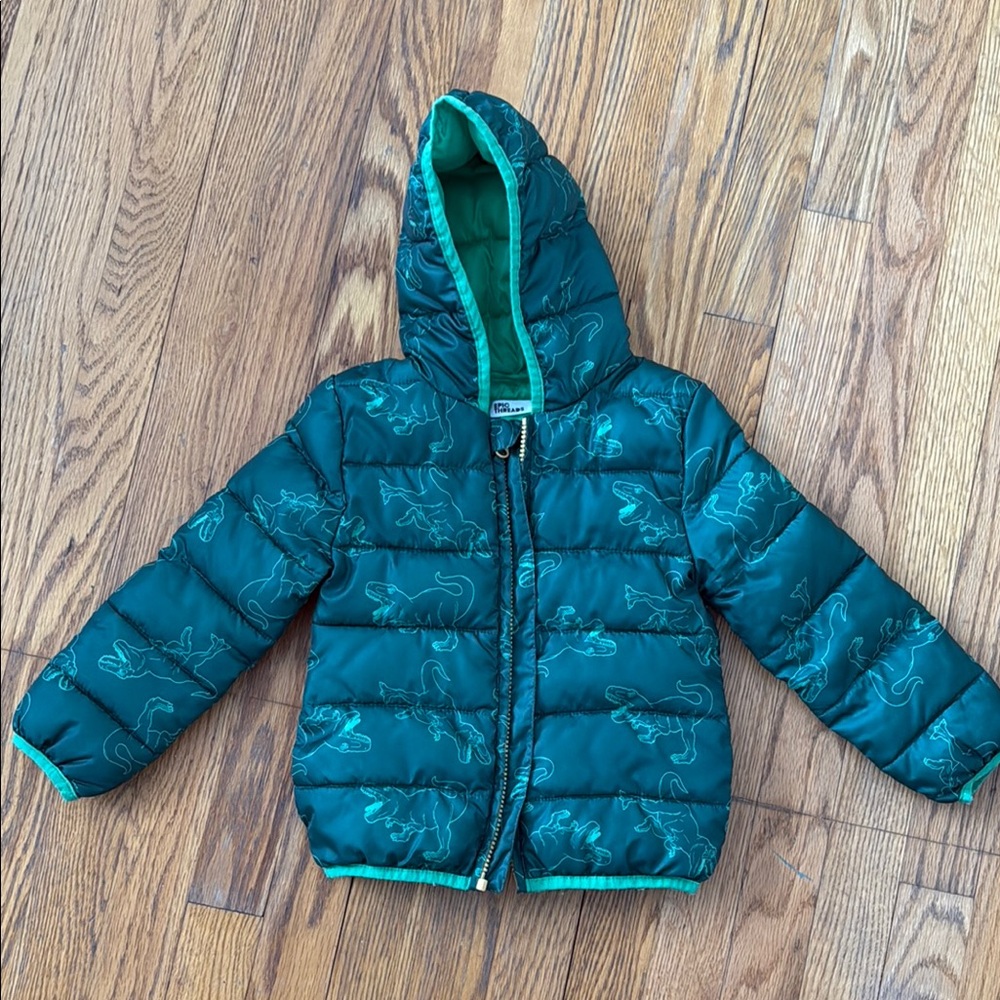 Green Puffer Jacket with Dinosaur Print